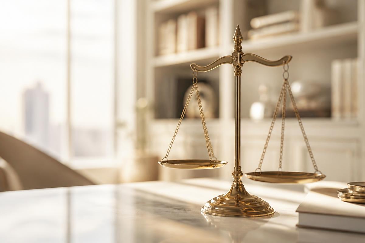 Balança da justiça em ambiente claro e sofisticado